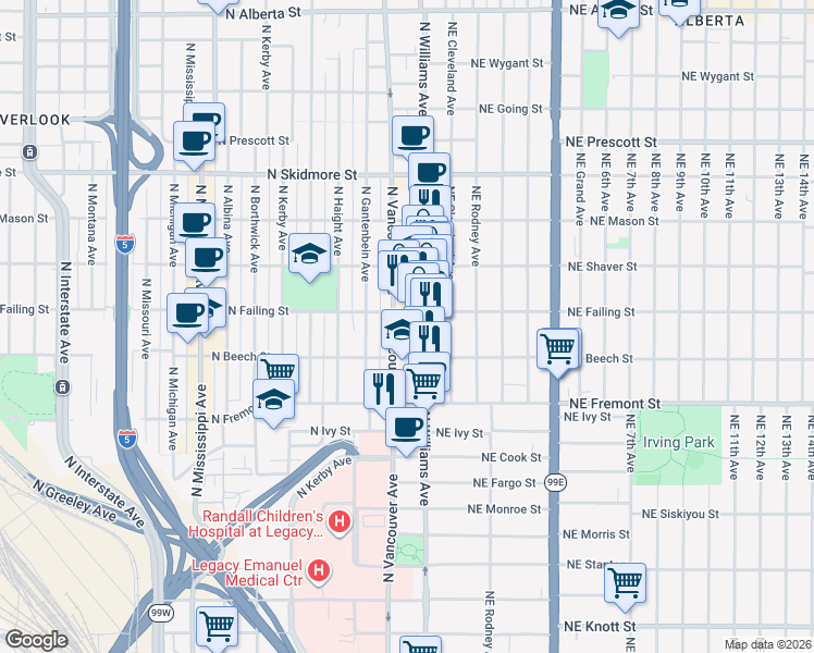 map of restaurants, bars, coffee shops, grocery stores, and more near 3836 North Vancouver Avenue in Portland