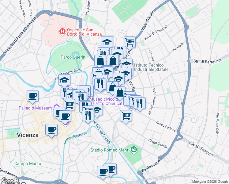 map of restaurants, bars, coffee shops, grocery stores, and more near Via San Domenico in Vicenza