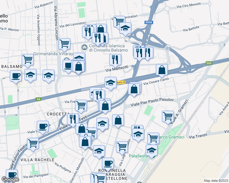 map of restaurants, bars, coffee shops, grocery stores, and more near 20 Viale Friuli in Cinisello Balsamo