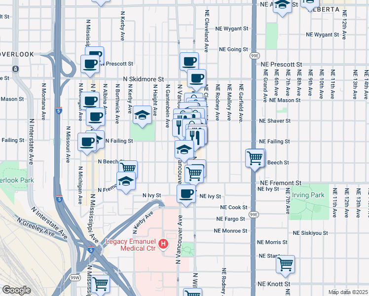 map of restaurants, bars, coffee shops, grocery stores, and more near 3836 North Vancouver Avenue in Portland
