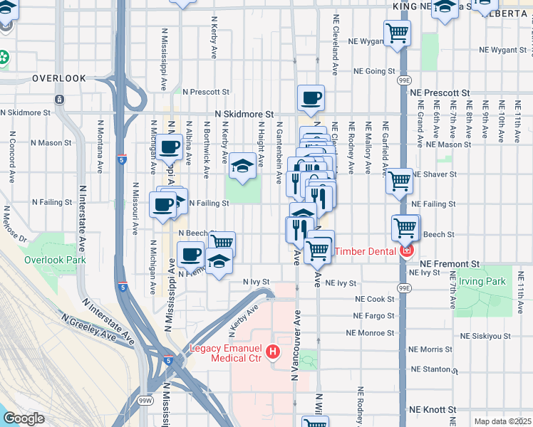 map of restaurants, bars, coffee shops, grocery stores, and more near 3828 North Haight Avenue in Portland