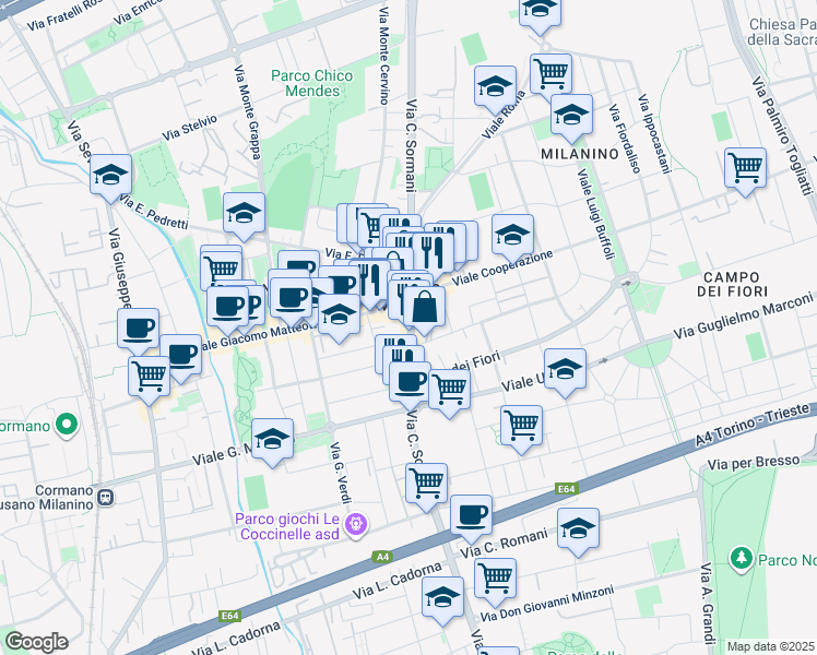 map of restaurants, bars, coffee shops, grocery stores, and more near 43 Via Carlo Sormani in Cusano Milanino