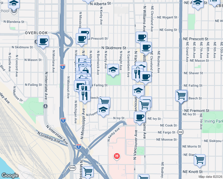 map of restaurants, bars, coffee shops, grocery stores, and more near 3819 North Commercial Avenue in Portland