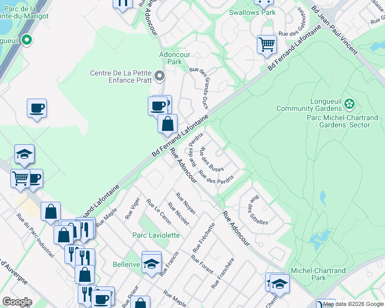 map of restaurants, bars, coffee shops, grocery stores, and more near 1021 Rue des Perdrix in Longueuil