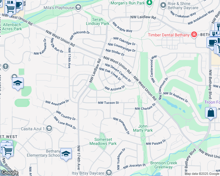 map of restaurants, bars, coffee shops, grocery stores, and more near 16761 Northwest Arizona Drive in Beaverton