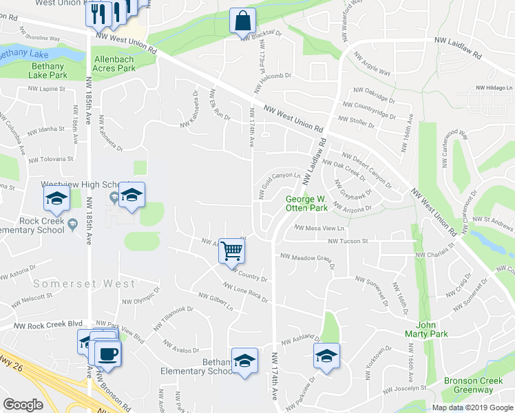 map of restaurants, bars, coffee shops, grocery stores, and more near 4255 Northwest 174th Avenue in Portland