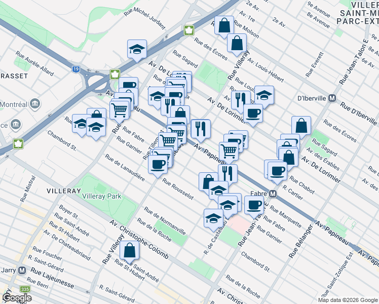 map of restaurants, bars, coffee shops, grocery stores, and more near 7565 Rue Marquette in Montréal