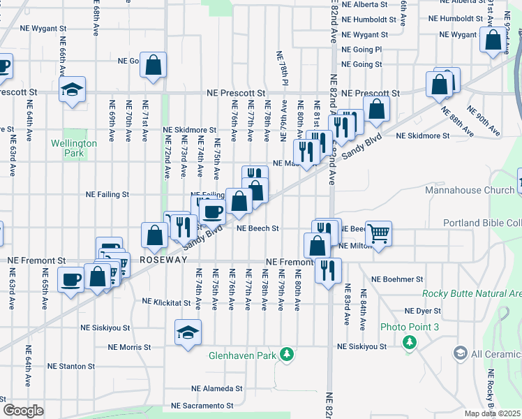 map of restaurants, bars, coffee shops, grocery stores, and more near 7727 Northeast Sandy Boulevard in Portland