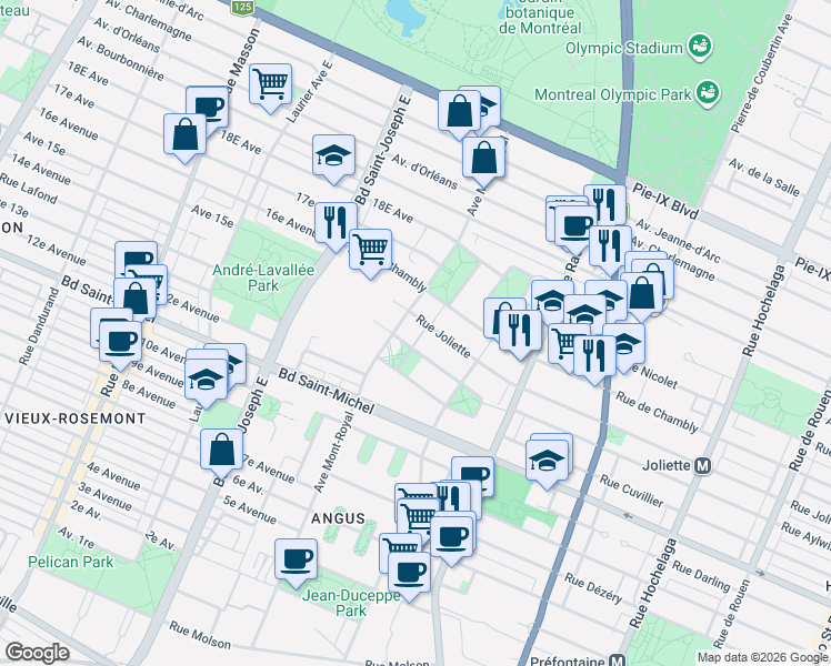 map of restaurants, bars, coffee shops, grocery stores, and more near 4356 Rue Joliette in Montréal