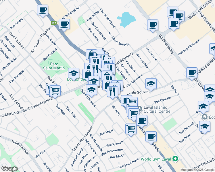 map of restaurants, bars, coffee shops, grocery stores, and more near in Laval