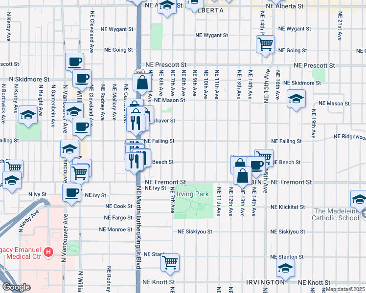 map of restaurants, bars, coffee shops, grocery stores, and more near Northeast 8th Avenue in Portland