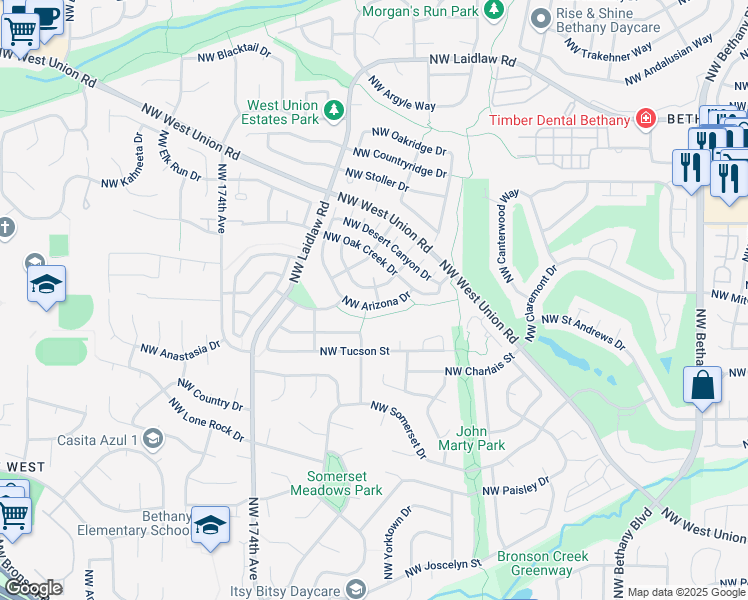 map of restaurants, bars, coffee shops, grocery stores, and more near 16705 Northwest Arizona Drive in Aloha
