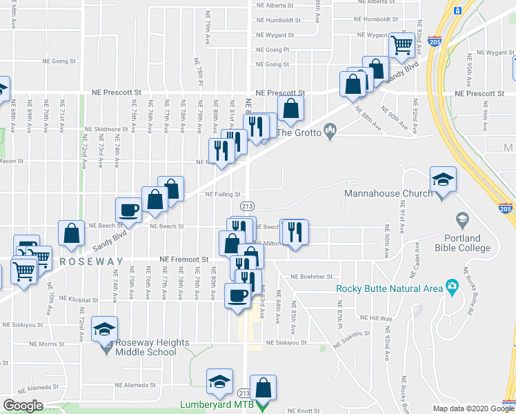 map of restaurants, bars, coffee shops, grocery stores, and more near 3828 Northeast 82nd Avenue in Portland
