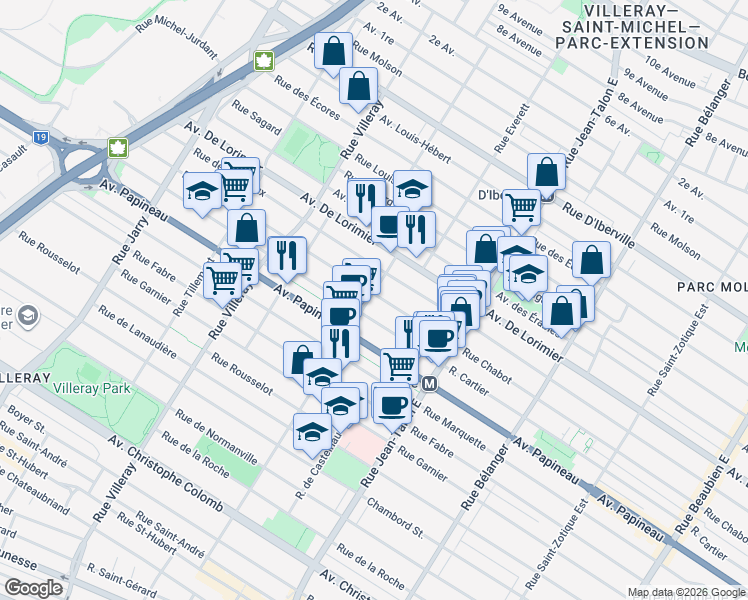 map of restaurants, bars, coffee shops, grocery stores, and more near in Montréal