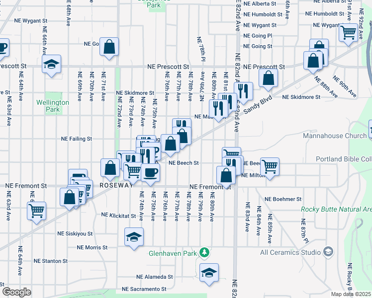 map of restaurants, bars, coffee shops, grocery stores, and more near 7727 Northeast Sandy Boulevard in Portland