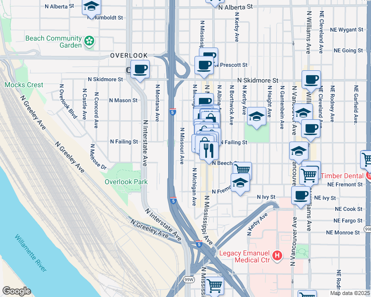 map of restaurants, bars, coffee shops, grocery stores, and more near 3764 North Missouri Avenue in Portland