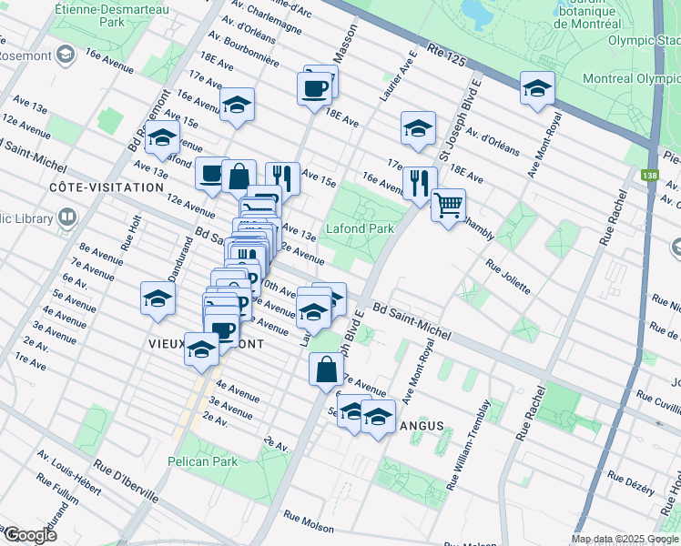 map of restaurants, bars, coffee shops, grocery stores, and more near 5160 12 Avenue in Montréal