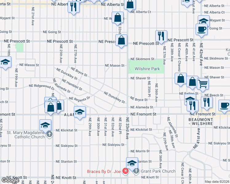 map of restaurants, bars, coffee shops, grocery stores, and more near 3226 Northeast Bryce Street in Portland