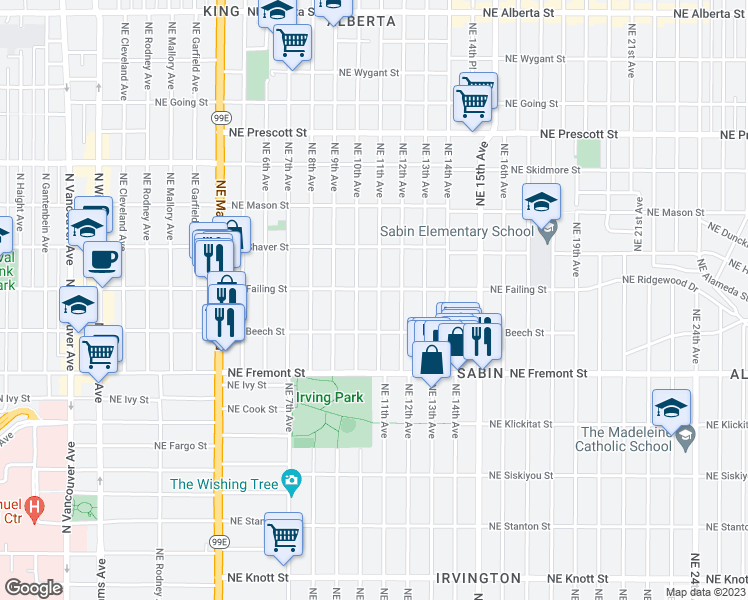 map of restaurants, bars, coffee shops, grocery stores, and more near 3825 Northeast 11th Avenue in Portland