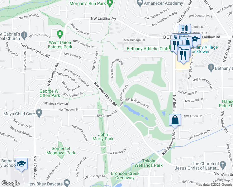 map of restaurants, bars, coffee shops, grocery stores, and more near 16197 Northwest Canterwood Way in Portland