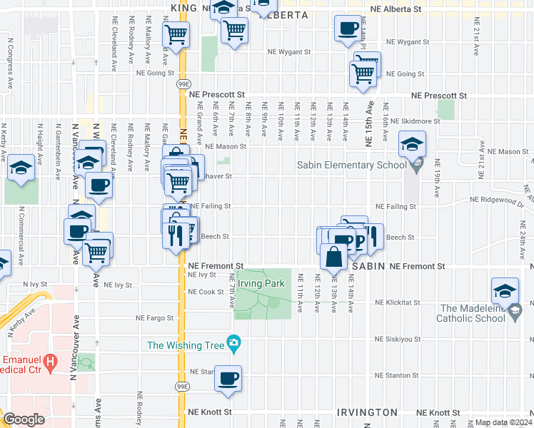 map of restaurants, bars, coffee shops, grocery stores, and more near 3826 Northeast 9th Avenue in Portland
