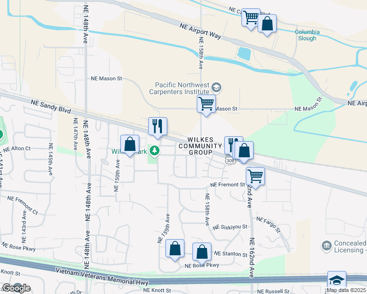 map of restaurants, bars, coffee shops, grocery stores, and more near 15711 Northeast Beech Street in Portland