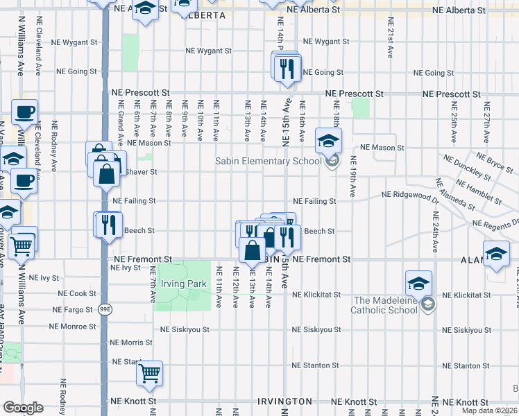 map of restaurants, bars, coffee shops, grocery stores, and more near 3827 Northeast 14th Avenue in Portland