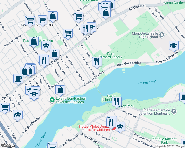 map of restaurants, bars, coffee shops, grocery stores, and more near 50 Avenue Léo-Lacombe in Laval