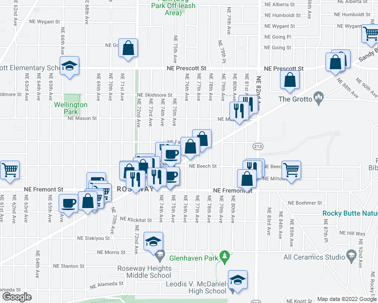 map of restaurants, bars, coffee shops, grocery stores, and more near 3832 Northeast 76th Avenue in Portland