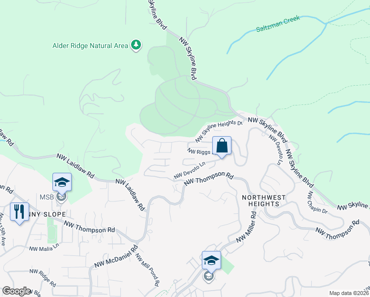 map of restaurants, bars, coffee shops, grocery stores, and more near 4055 Northwest Riggs Drive in Portland