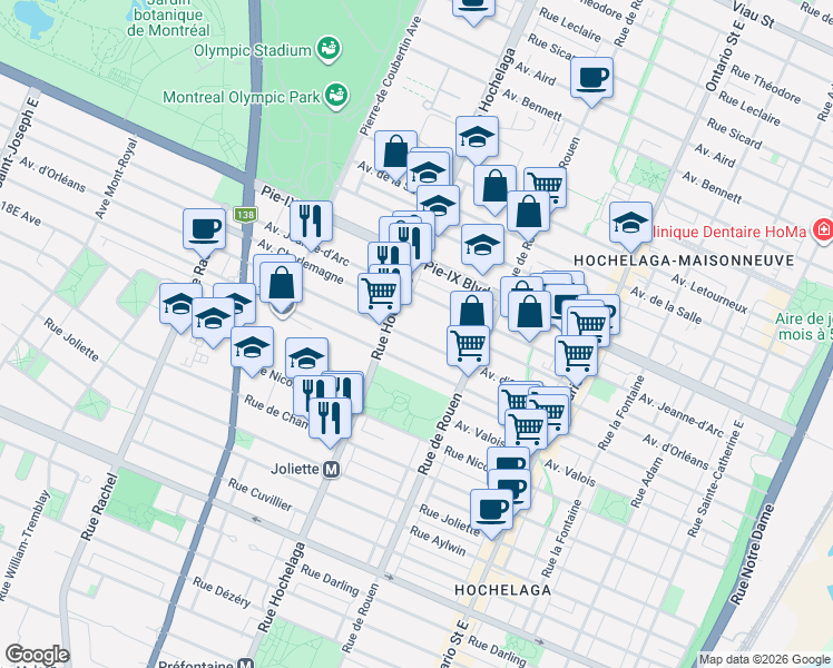 map of restaurants, bars, coffee shops, grocery stores, and more near 2379 Avenue d'Orléans in Montréal