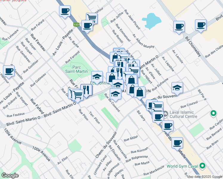 map of restaurants, bars, coffee shops, grocery stores, and more near 4021 Boulevard Saint-Martin Ouest in Laval