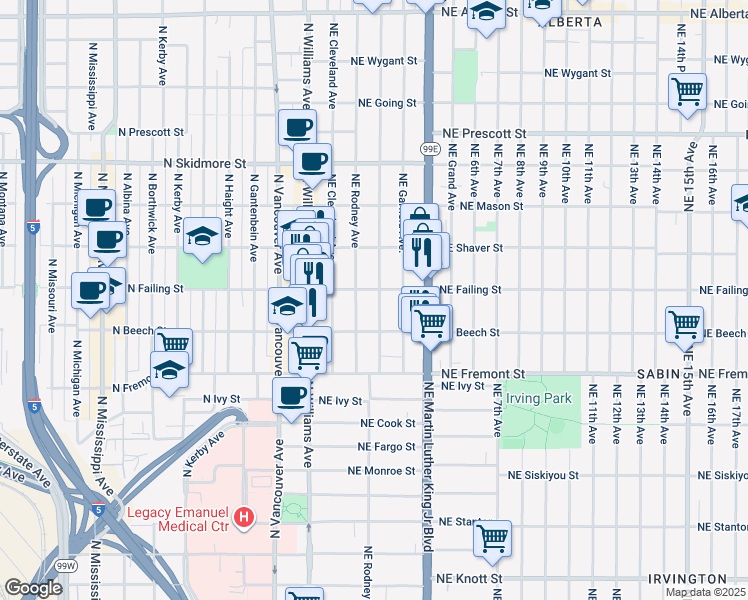 map of restaurants, bars, coffee shops, grocery stores, and more near 3829 Northeast Mallory Avenue in Portland
