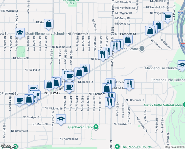 map of restaurants, bars, coffee shops, grocery stores, and more near 3816 Northeast 79th Avenue in Portland