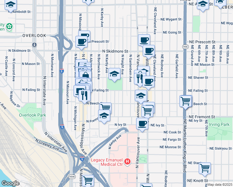 map of restaurants, bars, coffee shops, grocery stores, and more near 3825 North Commercial Avenue in Portland