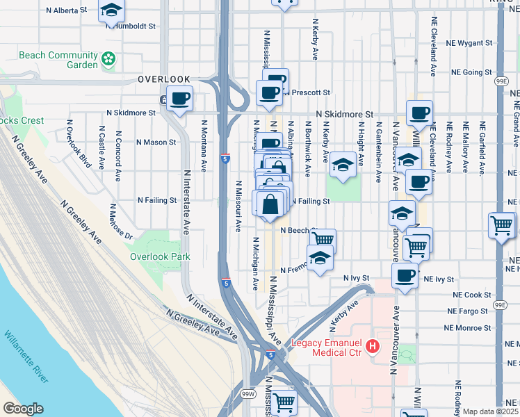 map of restaurants, bars, coffee shops, grocery stores, and more near 3855 North Mississippi Avenue in Portland