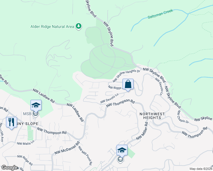 map of restaurants, bars, coffee shops, grocery stores, and more near 4055 Northwest Riggs Drive in Portland