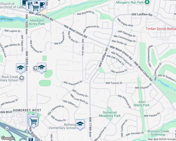 map of restaurants, bars, coffee shops, grocery stores, and more near 17354 Northwest Lapaloma Lane in Beaverton