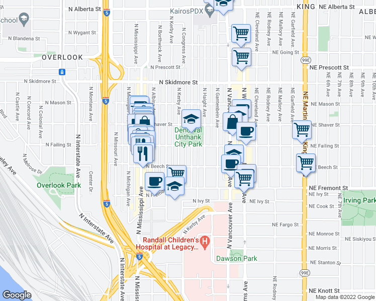 map of restaurants, bars, coffee shops, grocery stores, and more near 3825 North Commercial Avenue in Portland