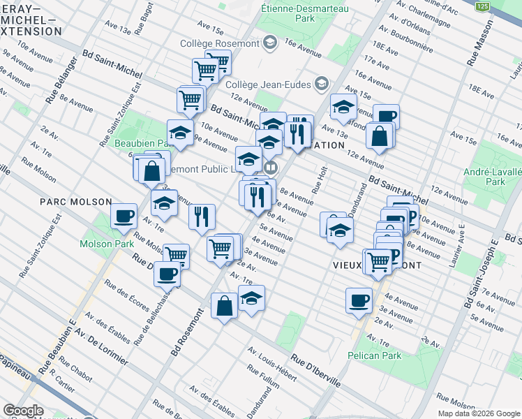 map of restaurants, bars, coffee shops, grocery stores, and more near Rue Jeanne-Mance in Montréal