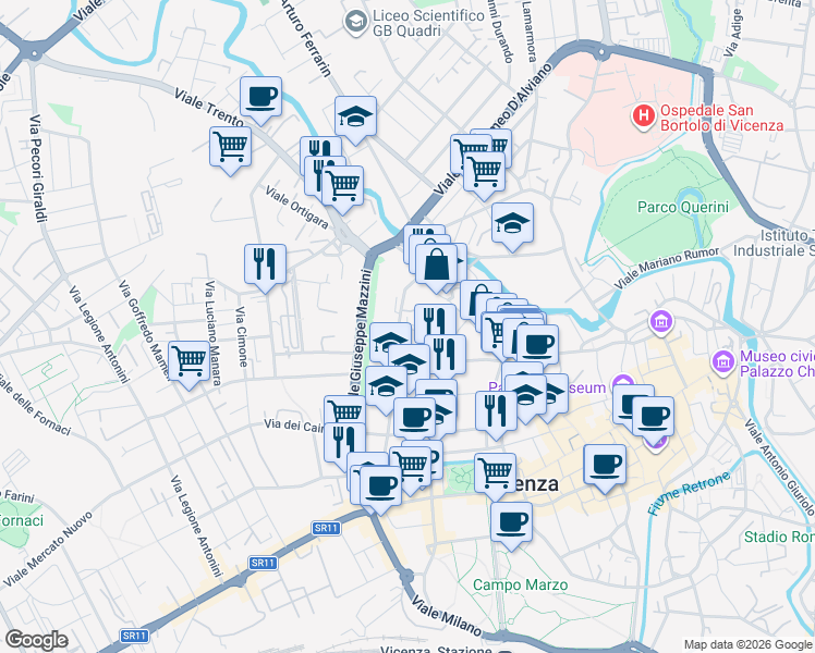 map of restaurants, bars, coffee shops, grocery stores, and more near 76 Contrà Mure Corpus Domini in Vicenza
