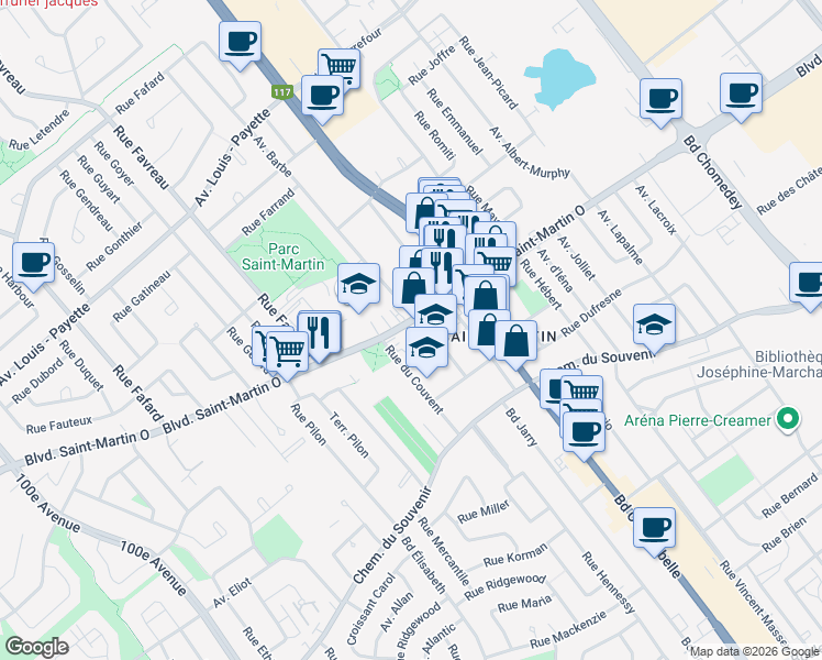 map of restaurants, bars, coffee shops, grocery stores, and more near 4021 Boulevard Saint-Martin Ouest in Laval