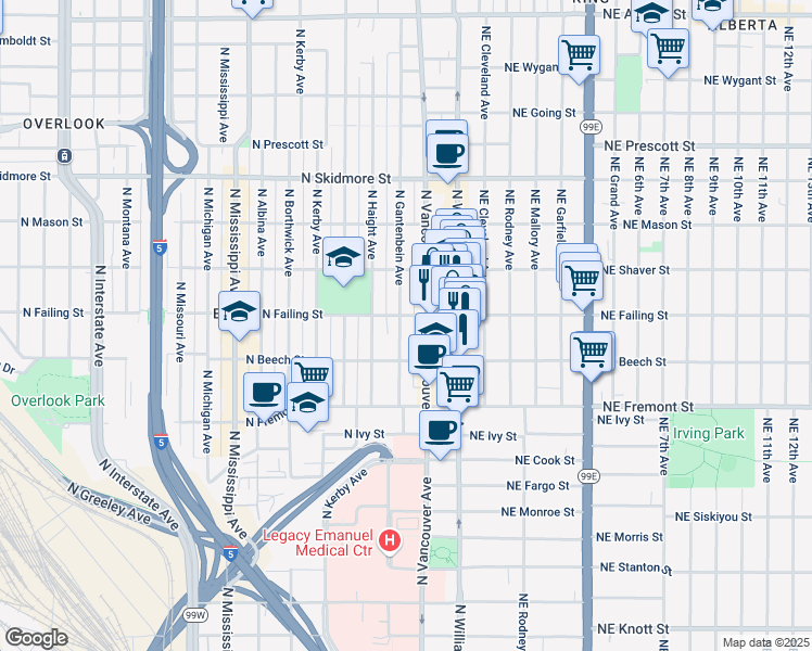 map of restaurants, bars, coffee shops, grocery stores, and more near 3828 North Gantenbein Avenue in Portland