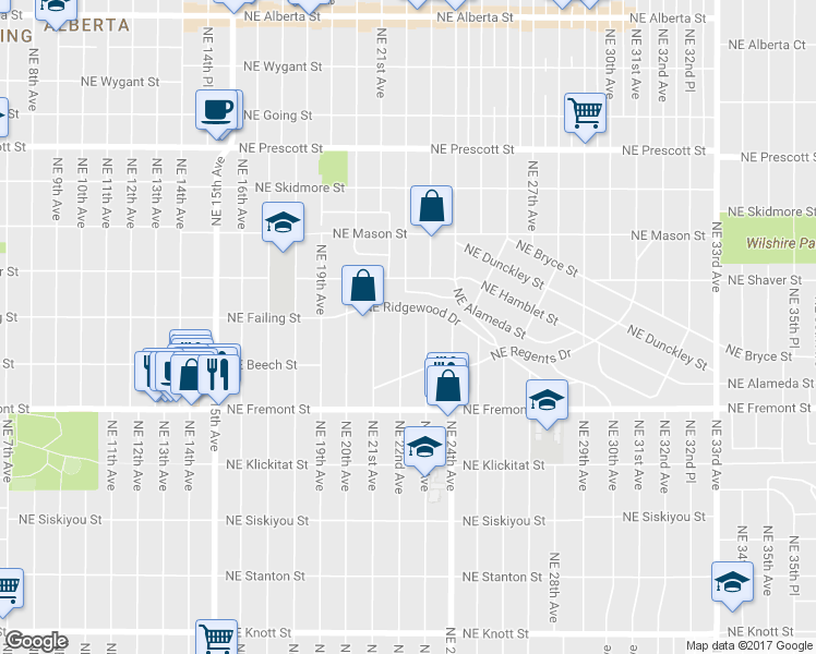 map of restaurants, bars, coffee shops, grocery stores, and more near 3814 Northeast 22nd Avenue in Portland