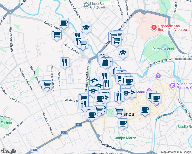 map of restaurants, bars, coffee shops, grocery stores, and more near 76 Contrà Mure Corpus Domini in Vicenza