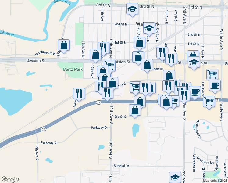 map of restaurants, bars, coffee shops, grocery stores, and more near 106 10th Avenue South in Waite Park