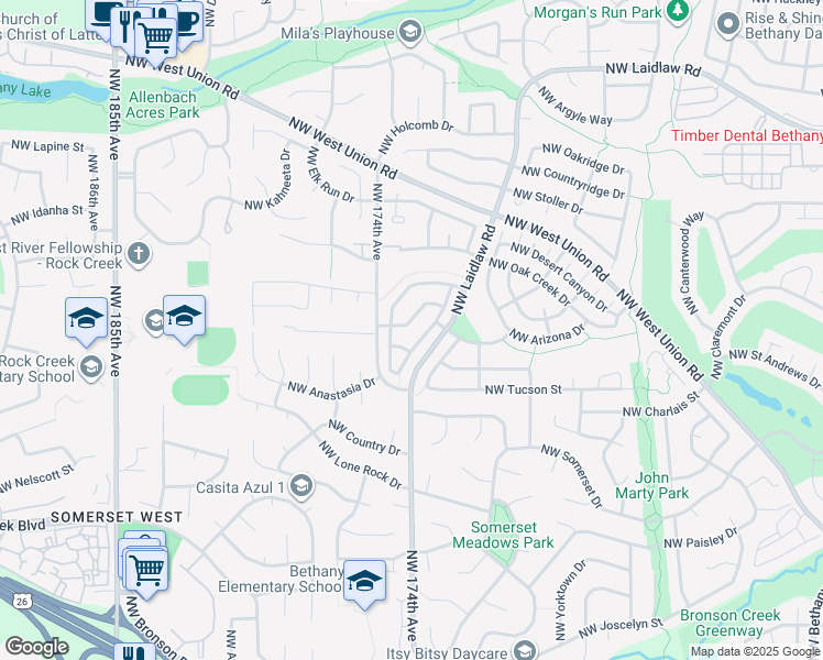 map of restaurants, bars, coffee shops, grocery stores, and more near 17354 Northwest Lapaloma Lane in Beaverton