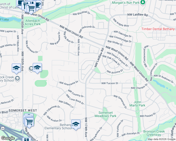 map of restaurants, bars, coffee shops, grocery stores, and more near 17354 Northwest Lapaloma Lane in Beaverton