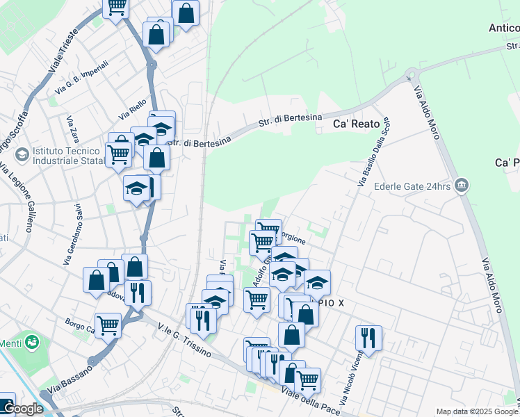 map of restaurants, bars, coffee shops, grocery stores, and more near 27 Viale Giorgione in Vicenza