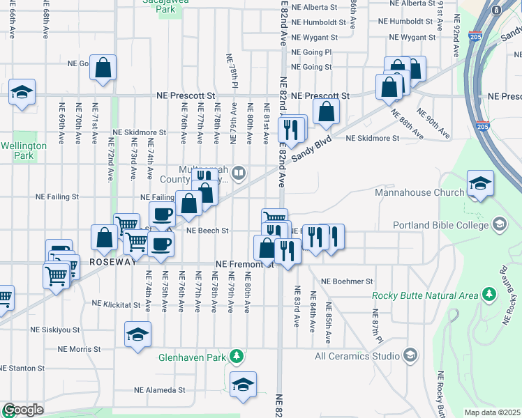 map of restaurants, bars, coffee shops, grocery stores, and more near 3821 Northeast 81st Avenue in Portland